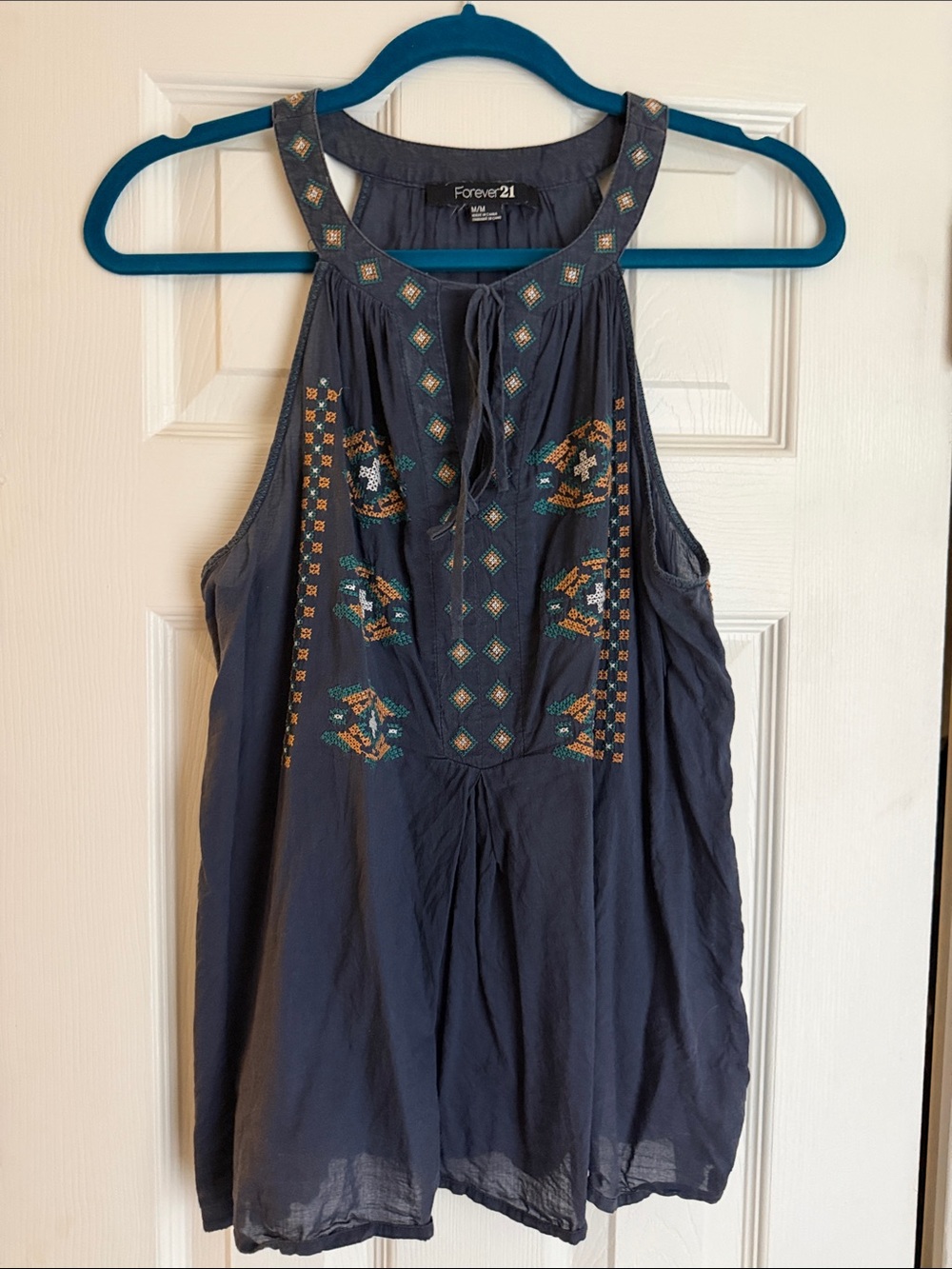 Vintage Forever 21 Navy Embroidered Sleeveless Peasant Top